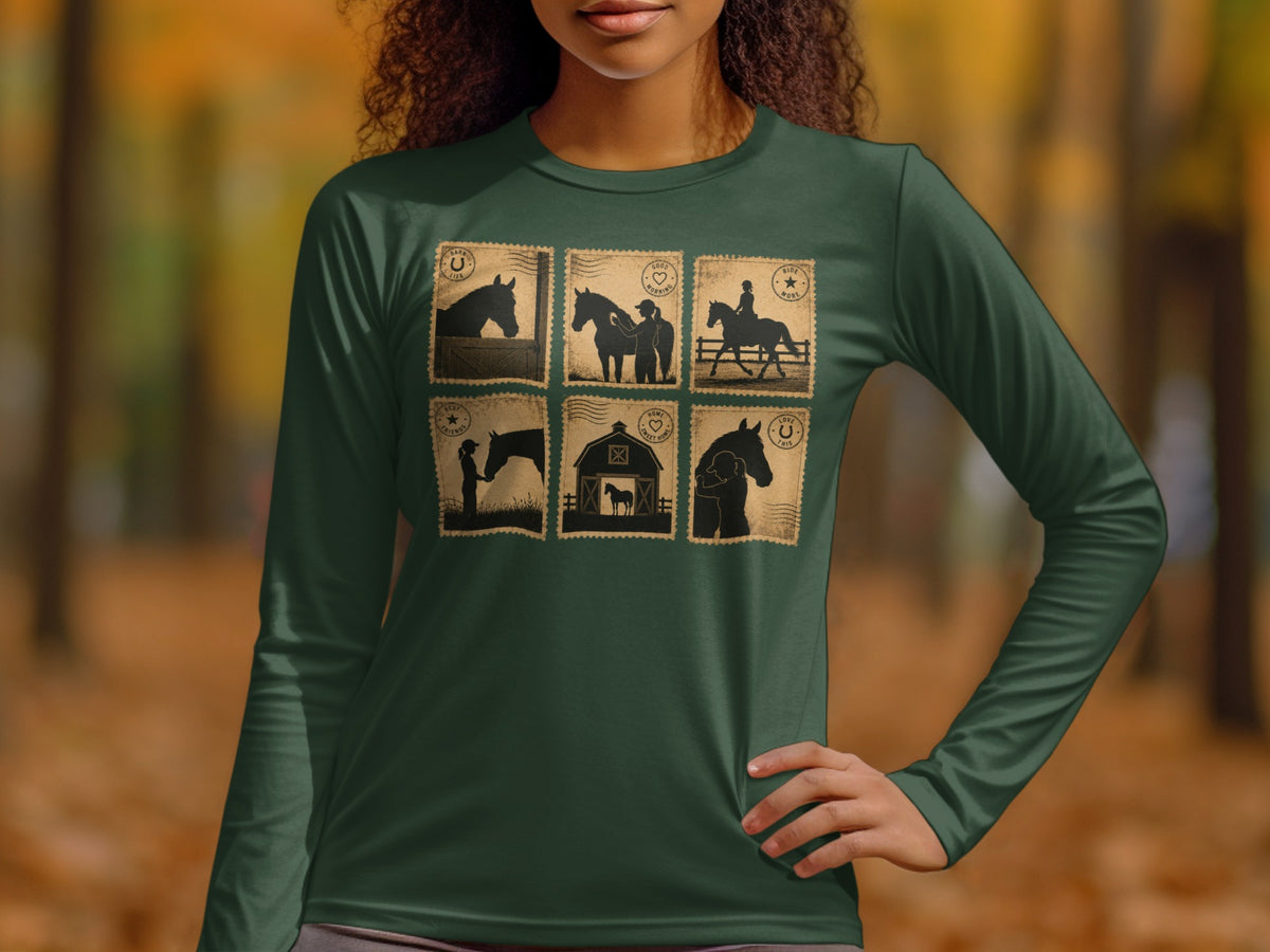 Horse-themed graphic design with six stamp-like panels depicting horses and riders.