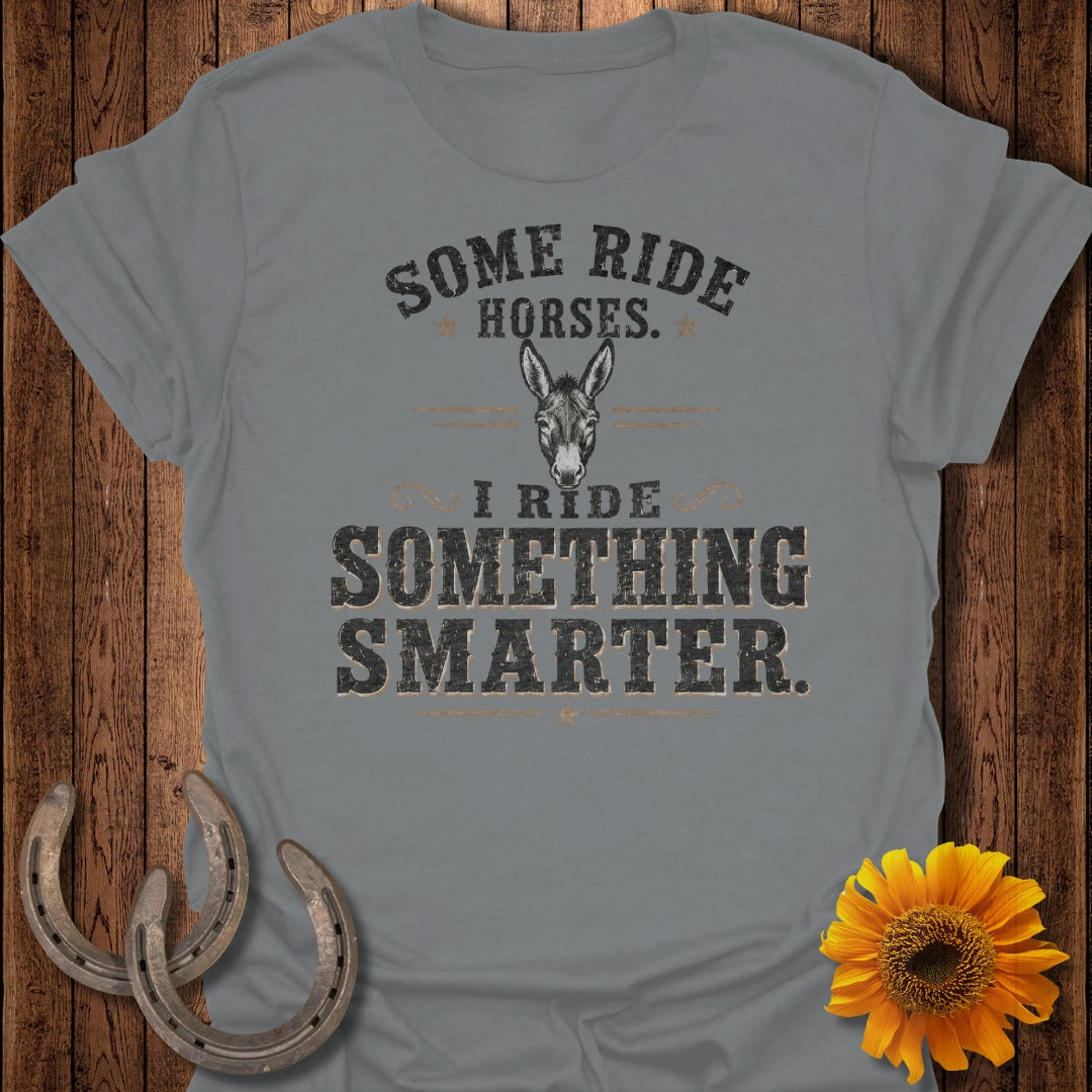 Grey t-shirt with donkey illustration and text "Some ride horses. I ride something smarter."