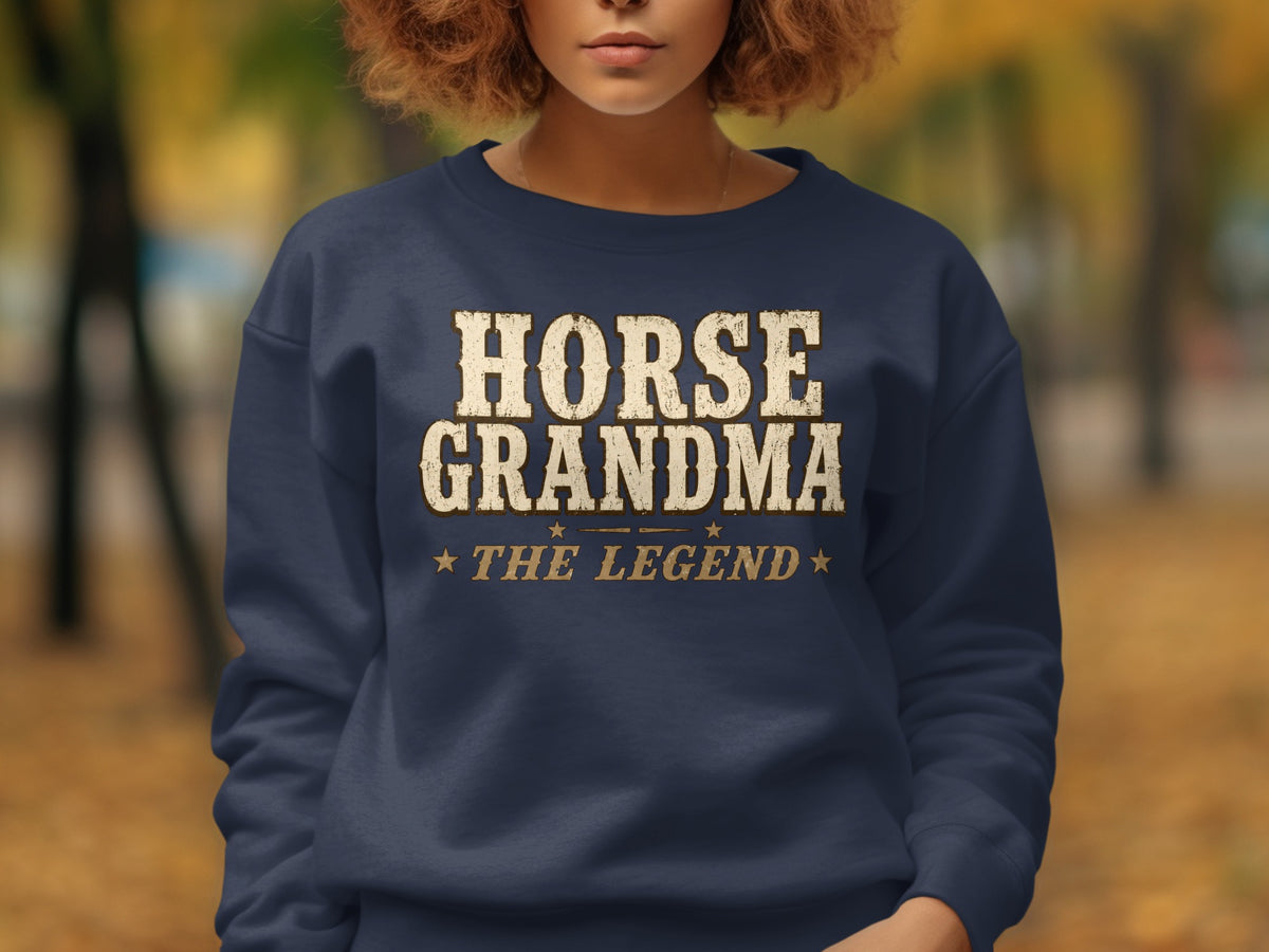 Navy sweatshirt with "HORSE GRANDMA THE LEGEND" text.