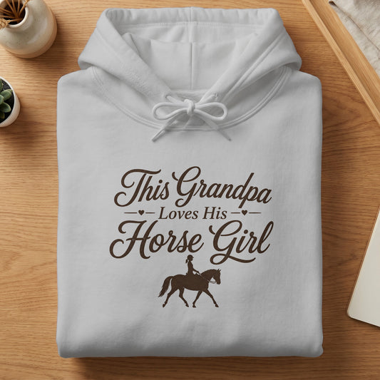 White hoodie with text "This Grandpa Loves His Horse Girl" and a horse rider graphic.