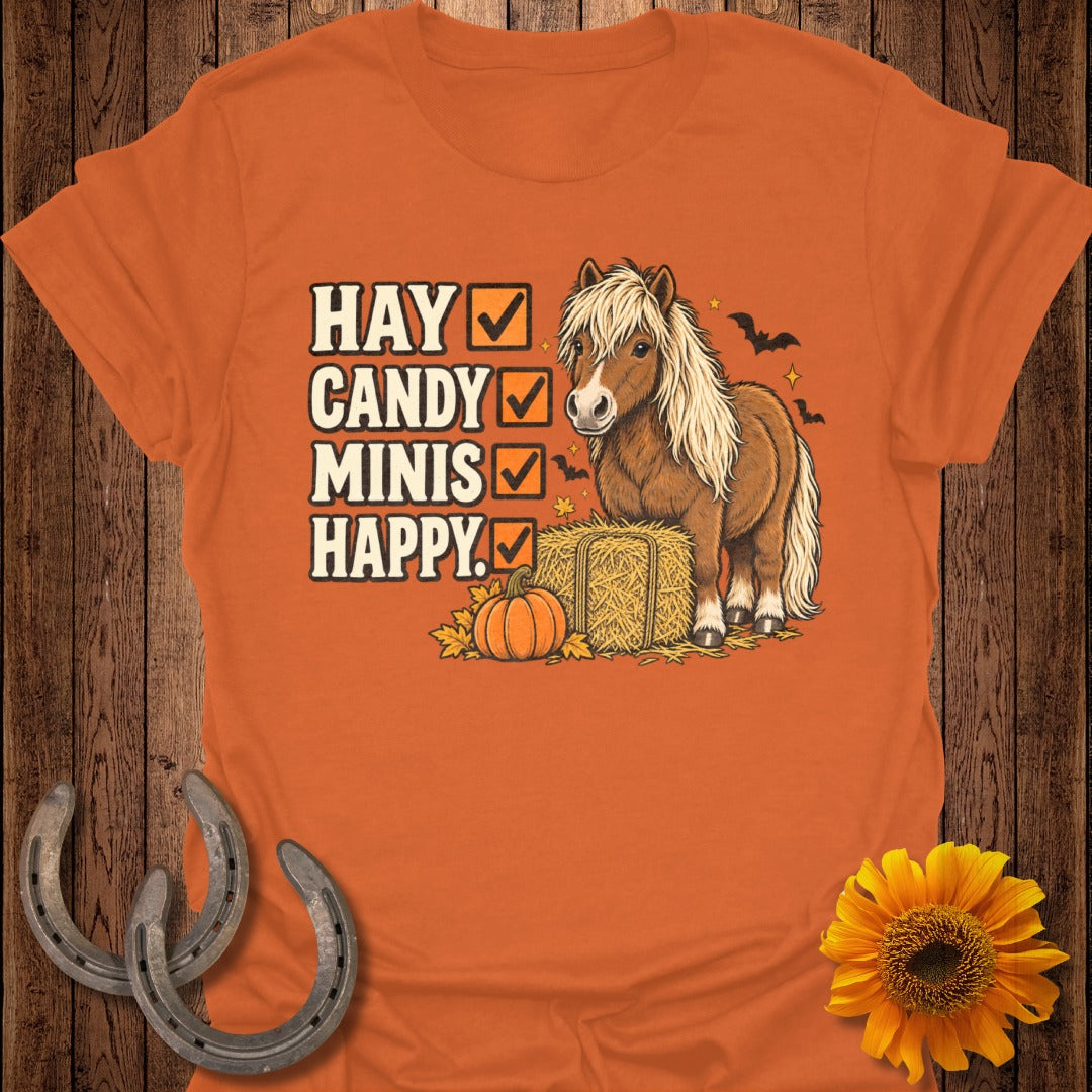 Orange shirt with pony, hay, pumpkin, bats, and text: HAY, CANDY, MINIS, HAPPY.