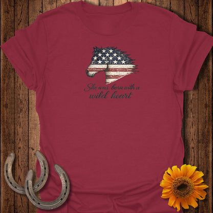 Maroon t-shirt with a distressed American flag horse head graphic and text.