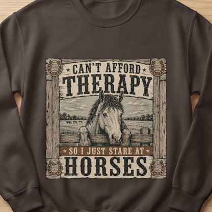 Horse head looking over fence with text "Can't afford therapy so I just stare at horses."