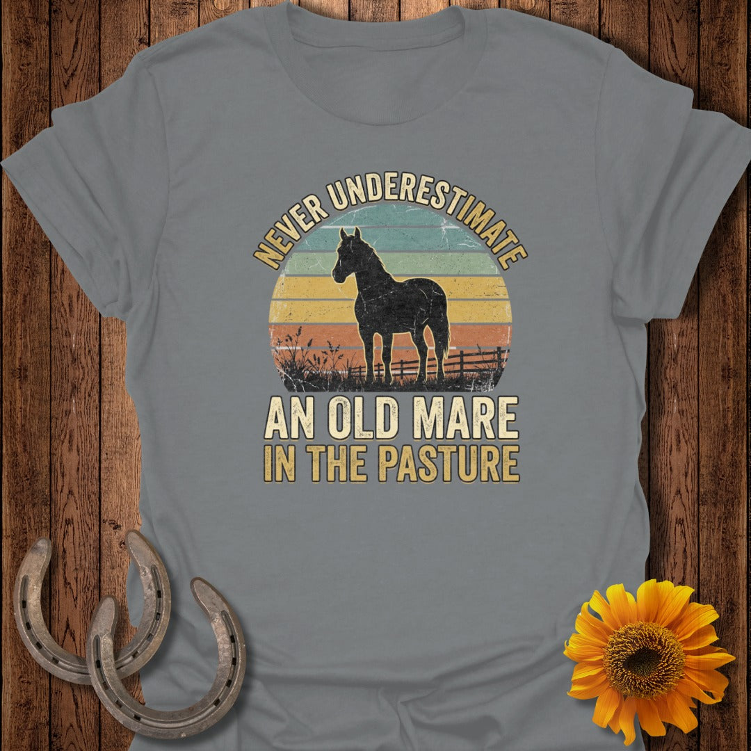 Grey t-shirt with "Never Underestimate An Old Mare In The Pasture" text and horse silhouette.