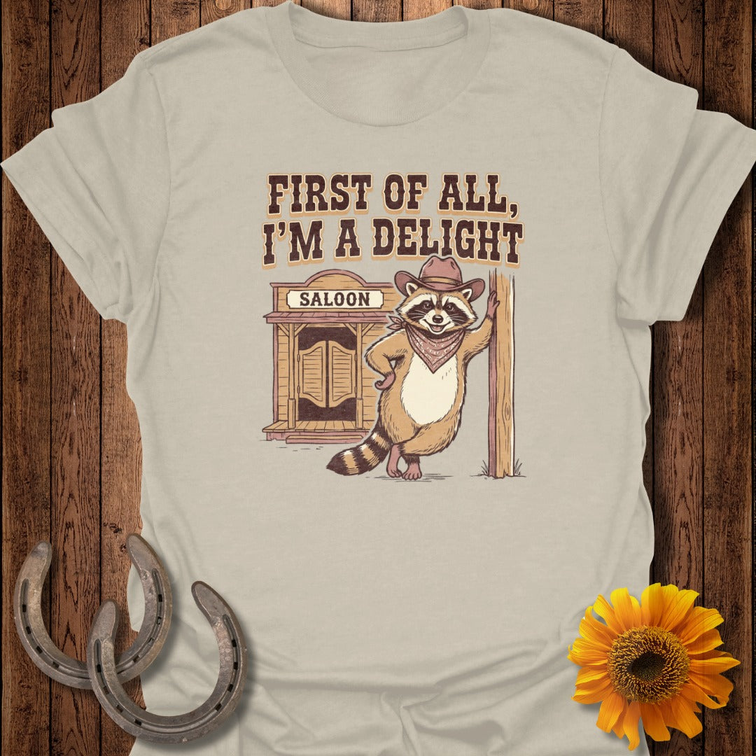 Raccoon in cowboy hat leaning on post in front of saloon, text "First of all, I'm a delight."