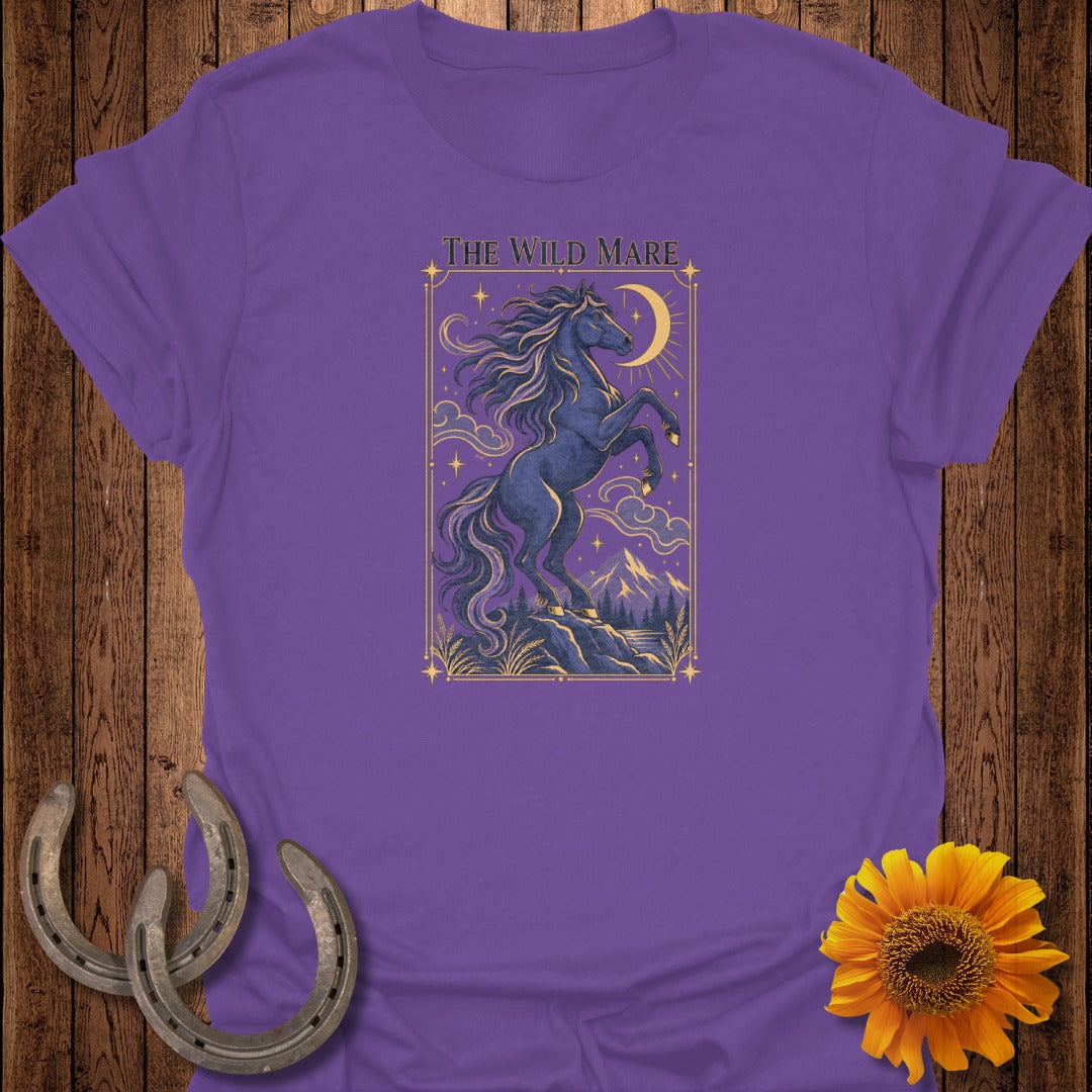 Purple t-shirt with "The Wild Mare" text and a dark blue horse rearing under a crescent moon.
