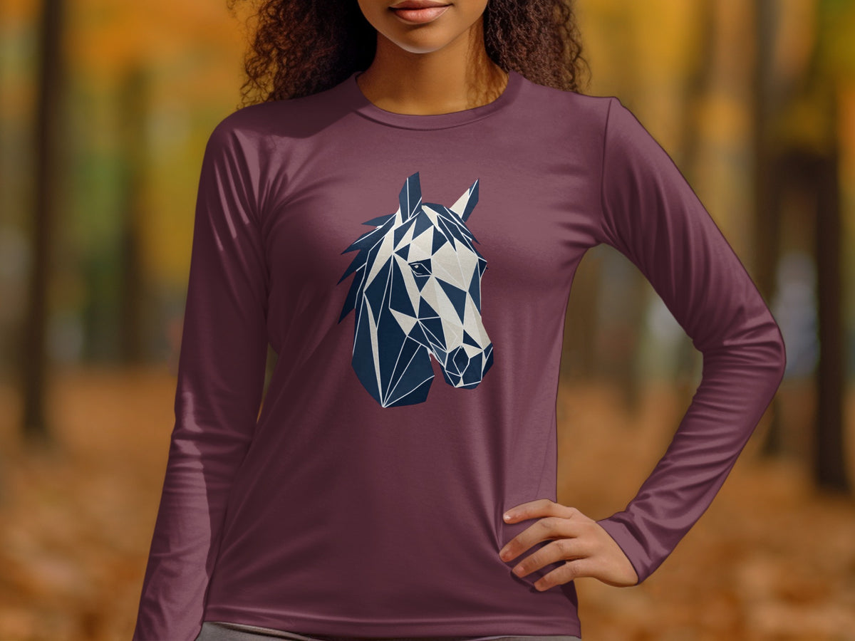 Maroon long-sleeve shirt with geometric horse head graphic on chest.