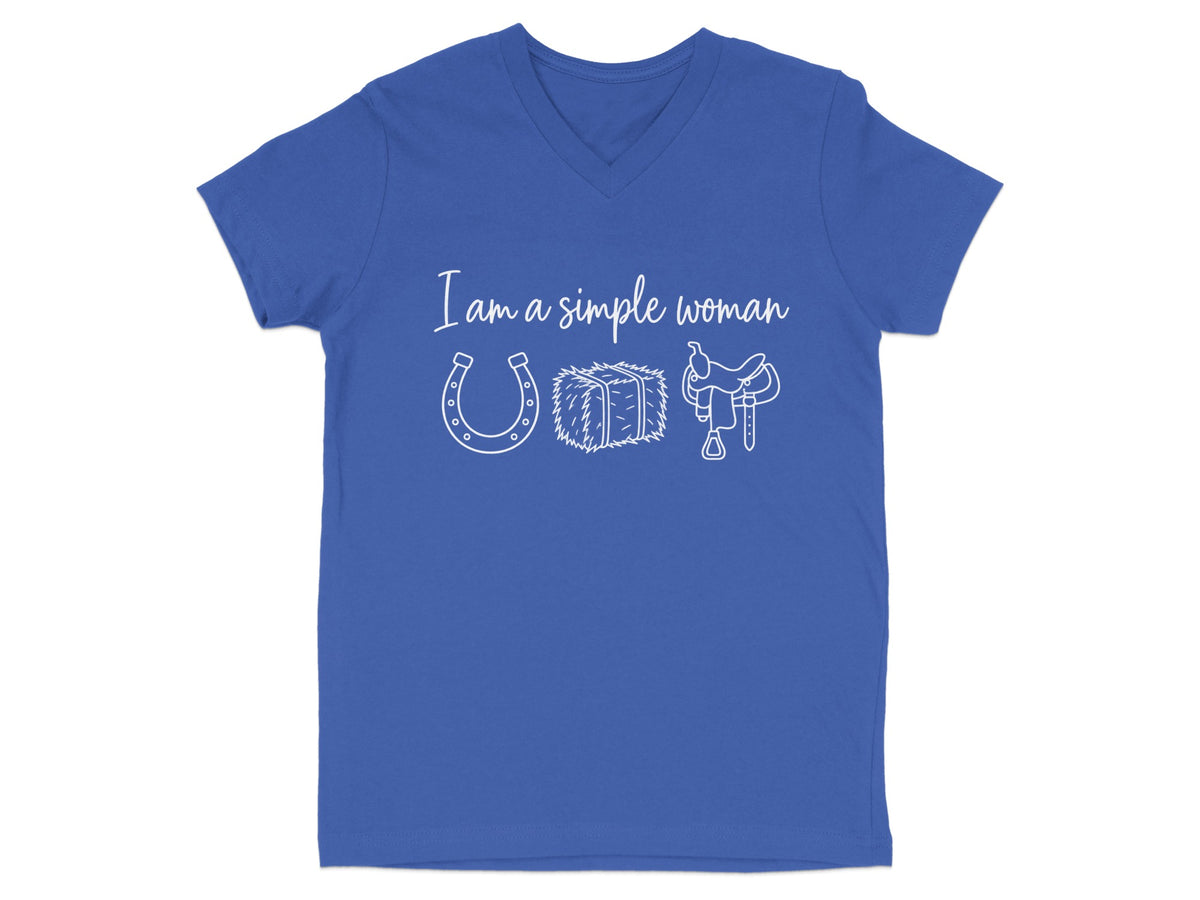 Blue v-neck t-shirt with white text "I am a simple woman" and icons of horseshoe, hay bale, and saddle.