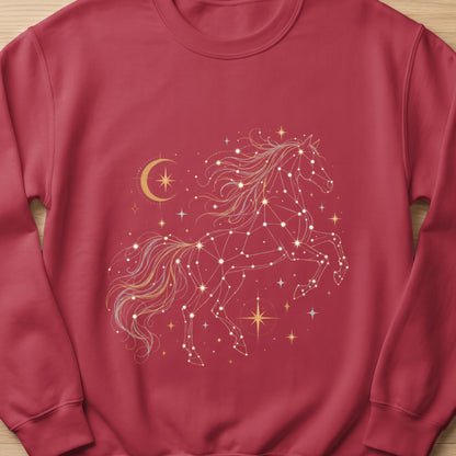 Red sweatshirt with a constellation horse and moon graphic design.