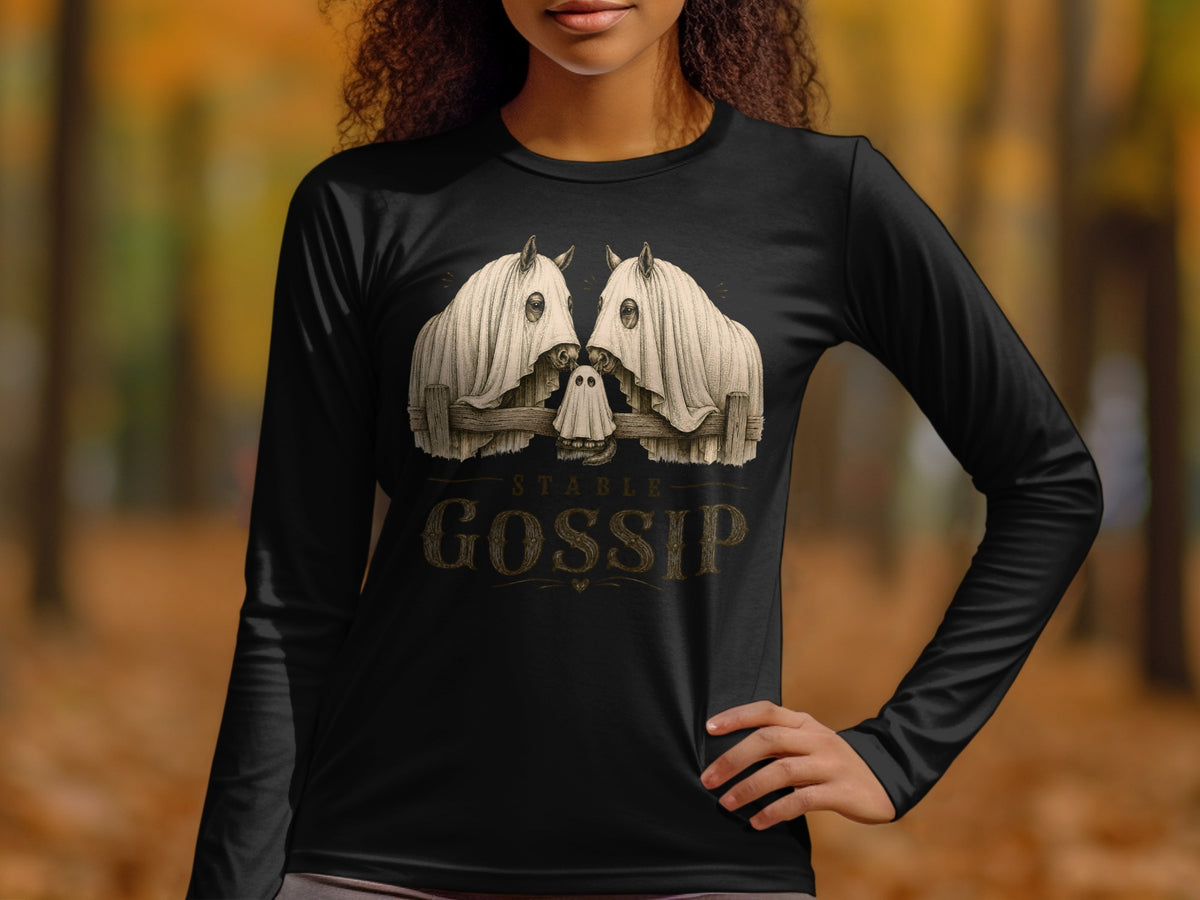 Black long sleeve shirt with two horses in sheets and a ghost, and text "STABLE GOSSIP".