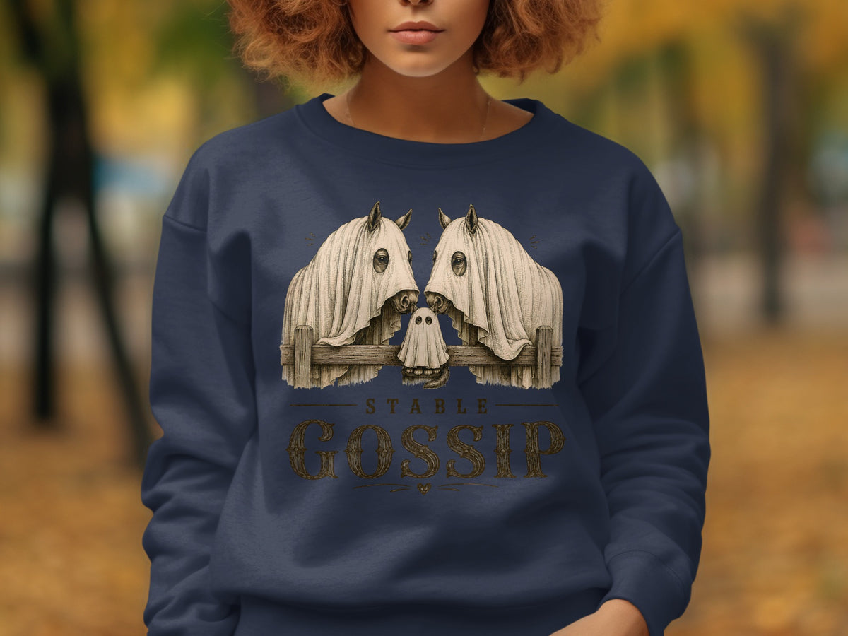 Navy sweatshirt with ghost horses and "Stable Gossip" text.