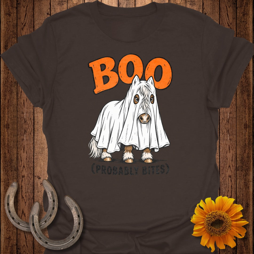 Brown t-shirt with a white ghost-costumed horse graphic and text "BOO (PROBABLY BITES)".