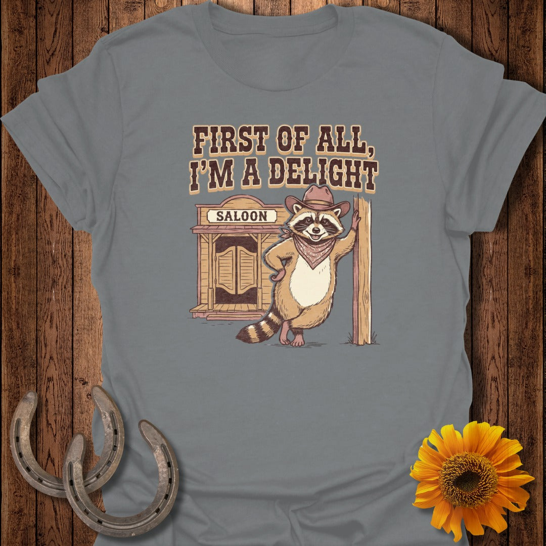 Cartoon raccoon in cowboy hat and bandana by saloon, "First of All, I'm a Delight."