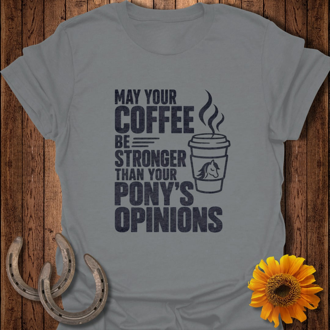 A grey t-shirt featuring text and a coffee cup graphic with two horseshoes and a sunflower.
