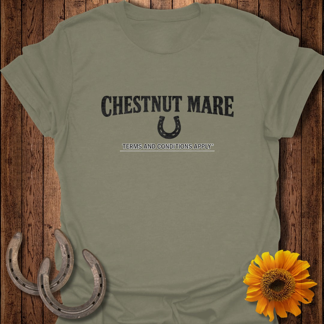 Olive green t-shirt with "CHESTNUT MARE" and horseshoe graphic.