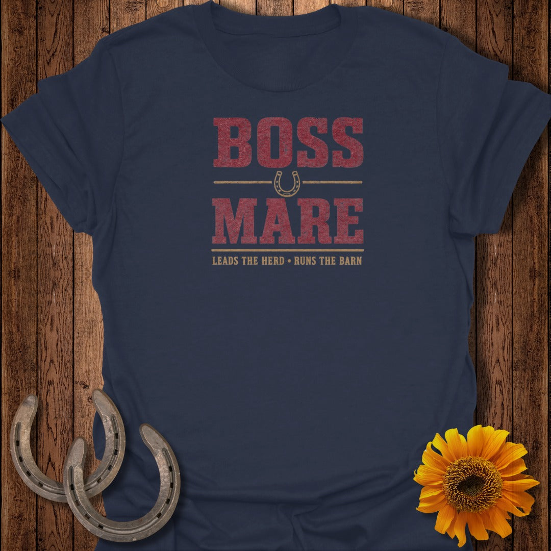 Navy t-shirt with "BOSS MARE" text and a horseshoe graphic.