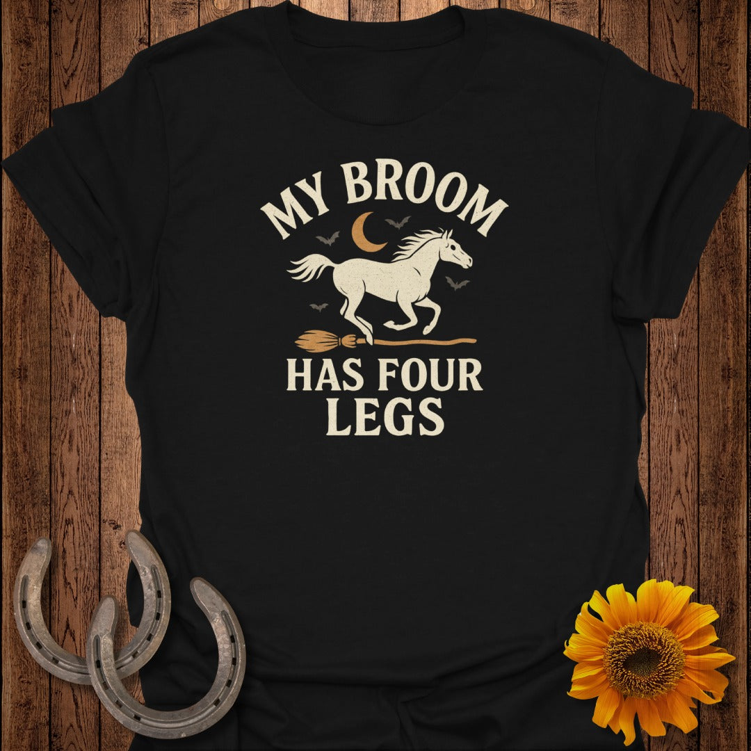 Black t-shirt with "MY BROOM HAS FOUR LEGS" text, a horse, broom, and bats.