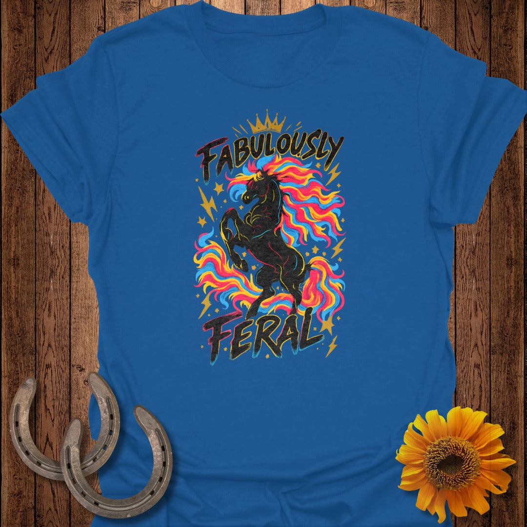 Blue t-shirt with a black horse graphic and "Fabulously Feral" text.