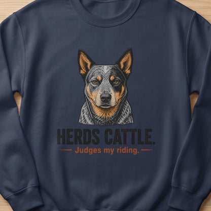 Dark blue sweatshirt with an Australian Cattle Dog portrait and text.