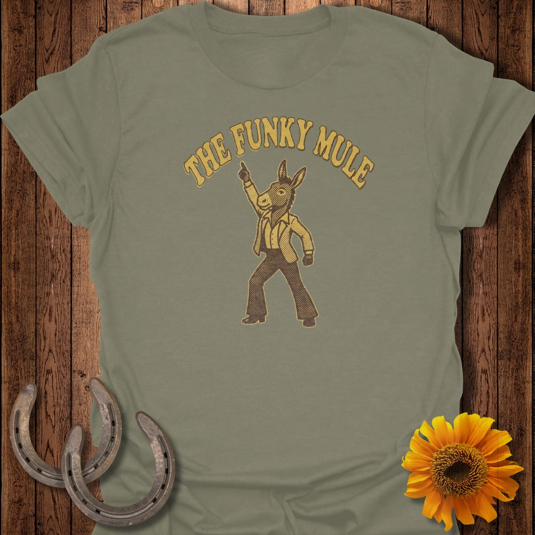 Distressed graphic of a donkey in a suit dancing, "The Funky Mule" text above.