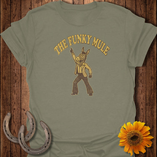 Distressed graphic of a donkey in a suit dancing, "The Funky Mule" text above.