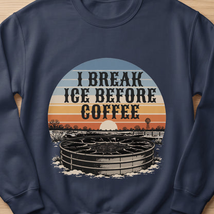 Dark blue sweatshirt with a circular graphic featuring "I BREAK ICE BEFORE COFFEE" and a rural scene.