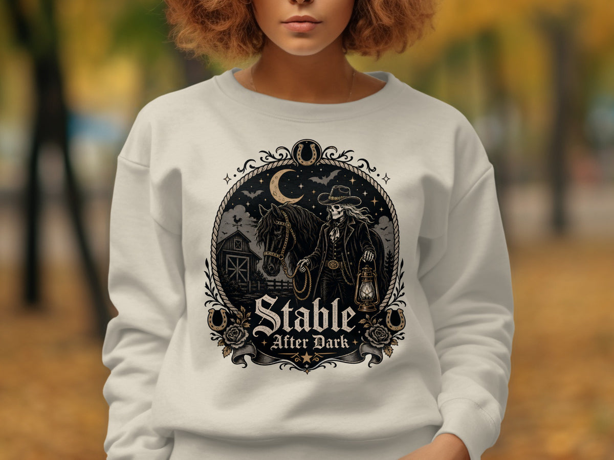 Skeleton cowboy holds lantern with horse, moon, and barn. Stable After Dark text.