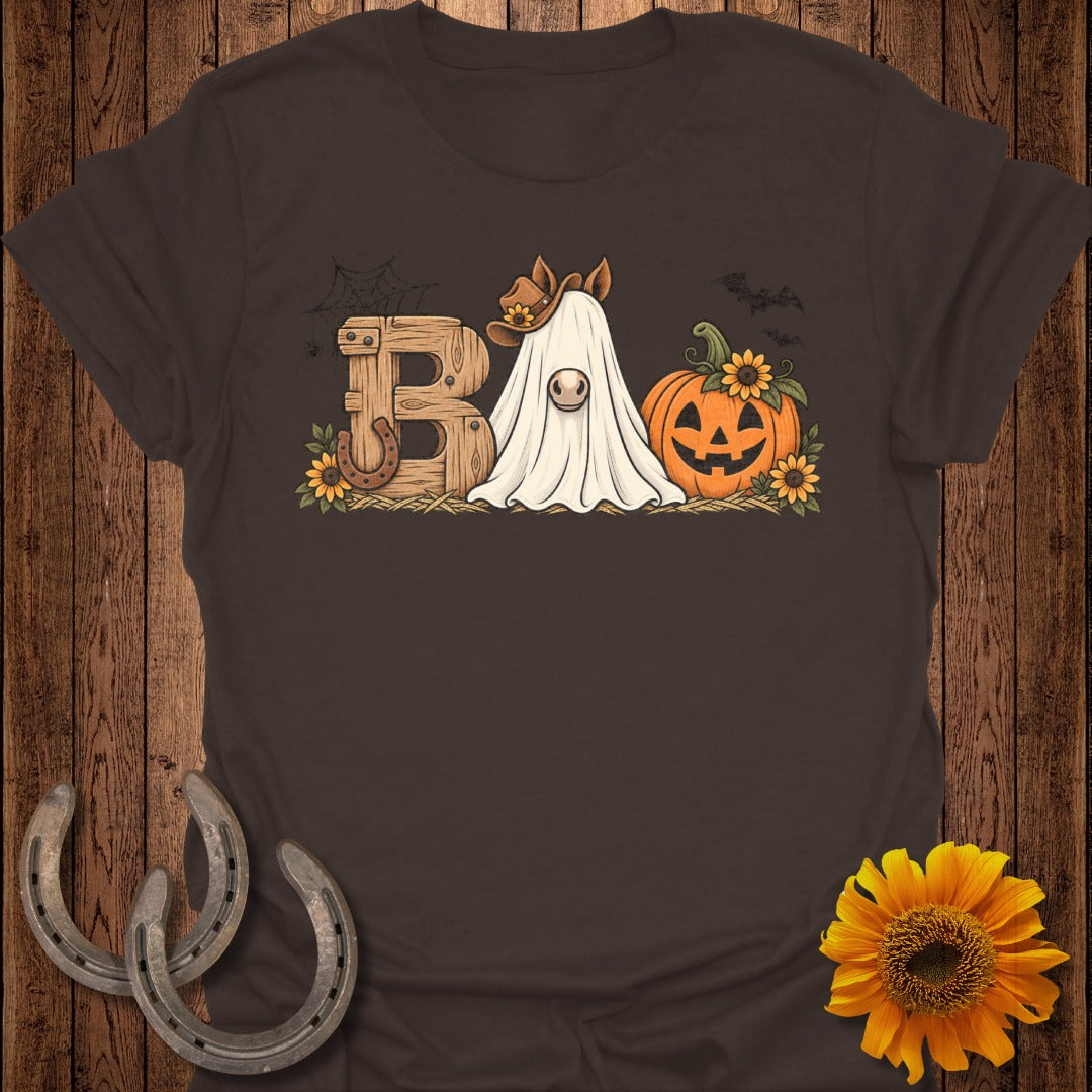 Horse ghost in cowboy hat with B, pumpkin, and sunflowers.