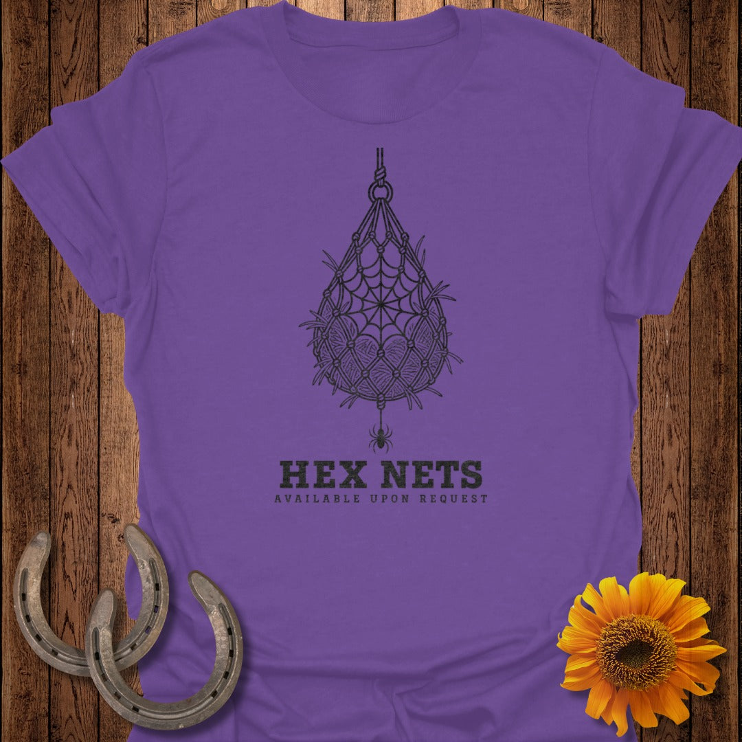 Purple t-shirt with macrame spider web, spider, and text "HEX NETS".