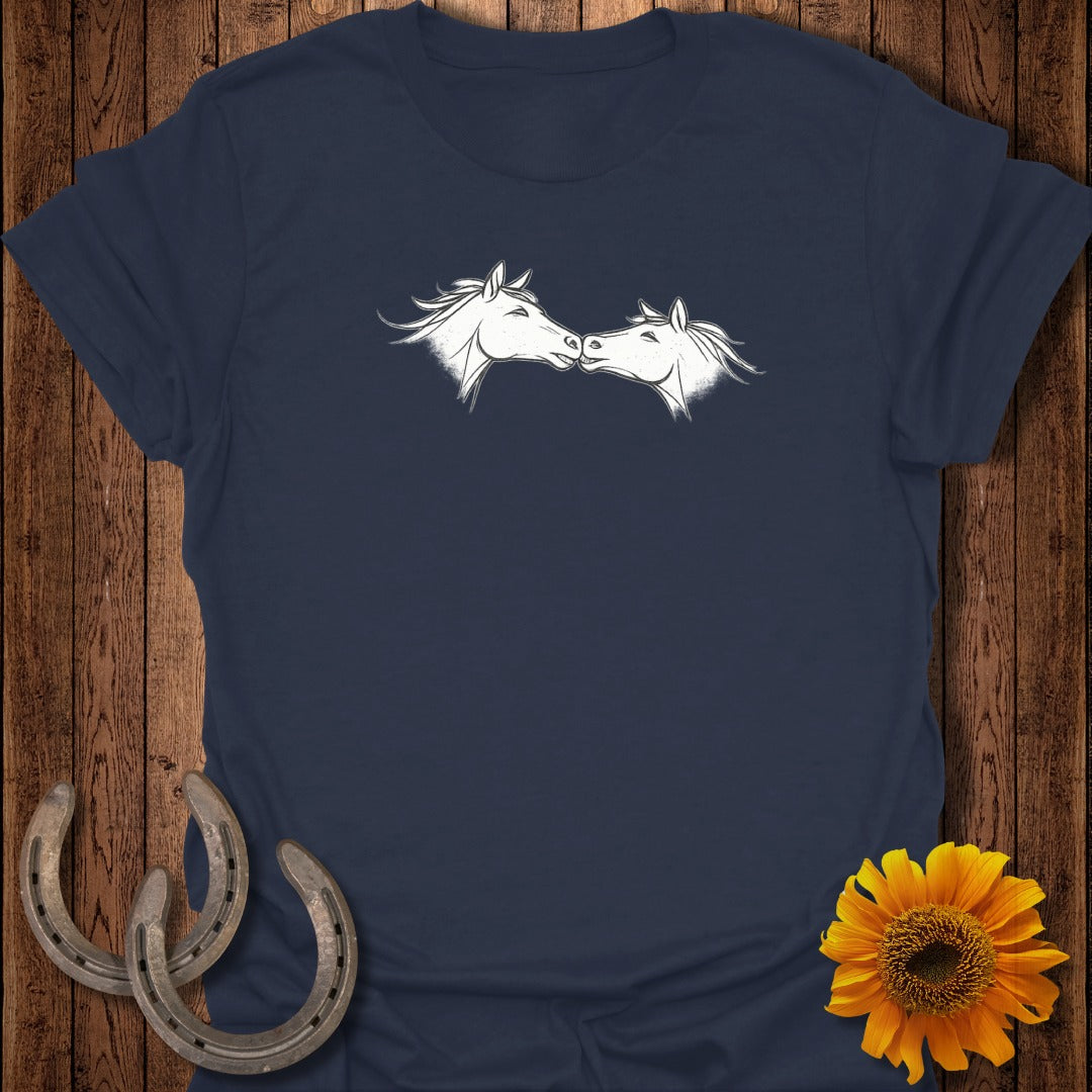 Dark blue t-shirt with white illustration of two horses nuzzling.