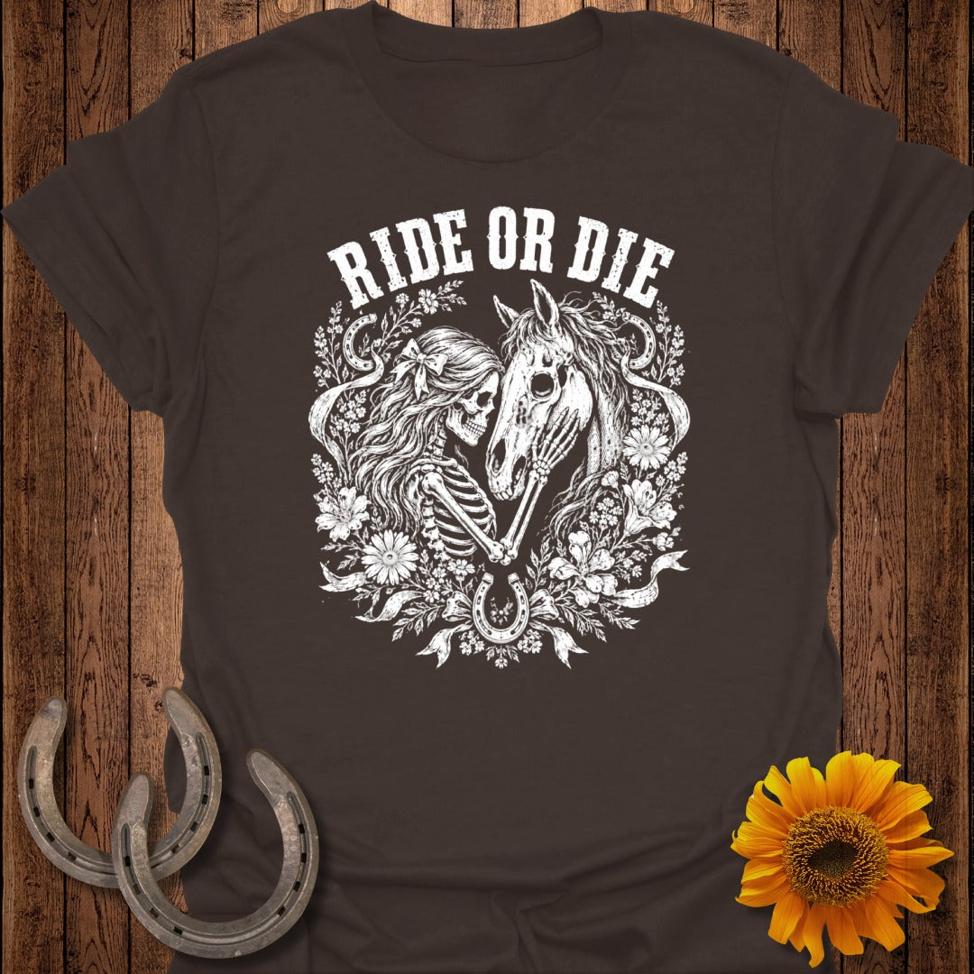 Brown t-shirt with "Ride or Die" text and skeleton woman embracing a horse.