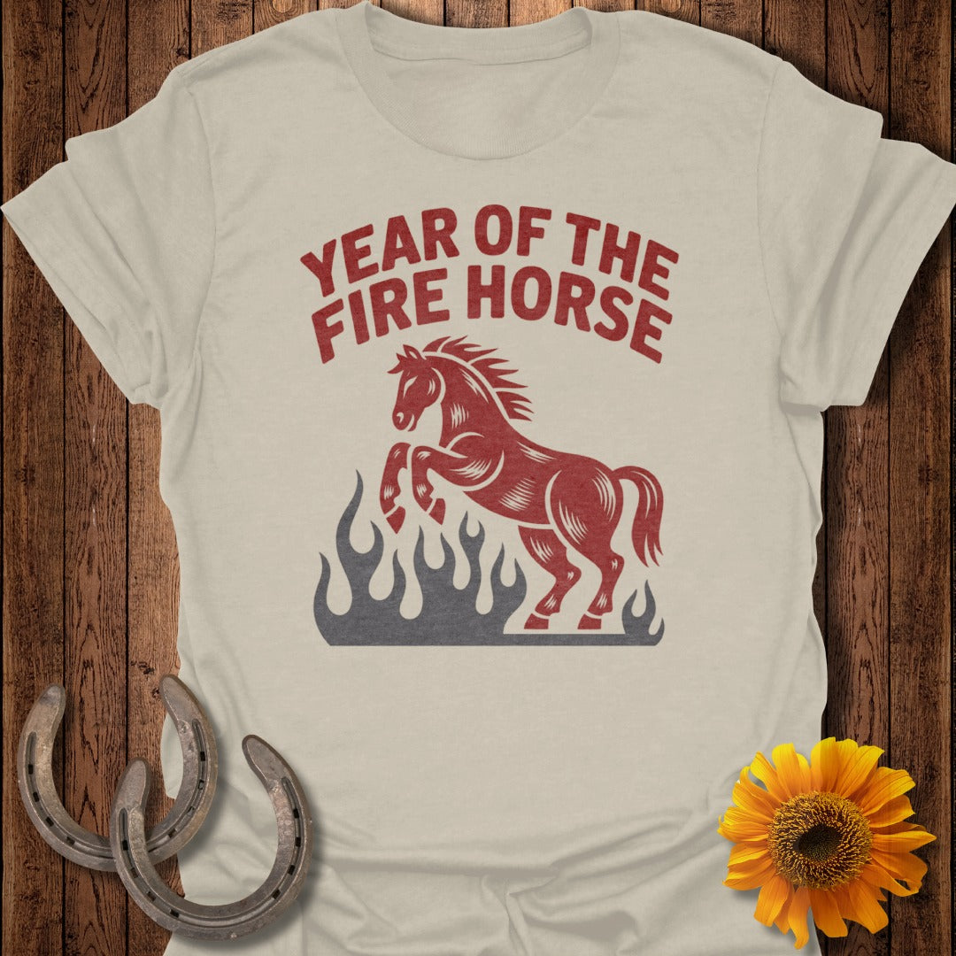 Red fire horse with flames, Chinese zodiac design on t-shirt.