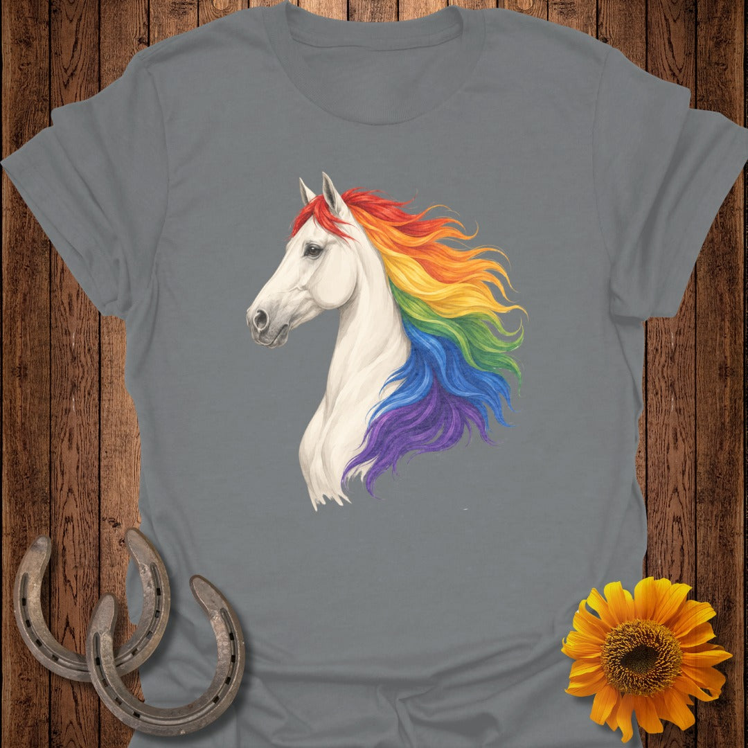 White unicorn with a rainbow mane on a grey t-shirt.