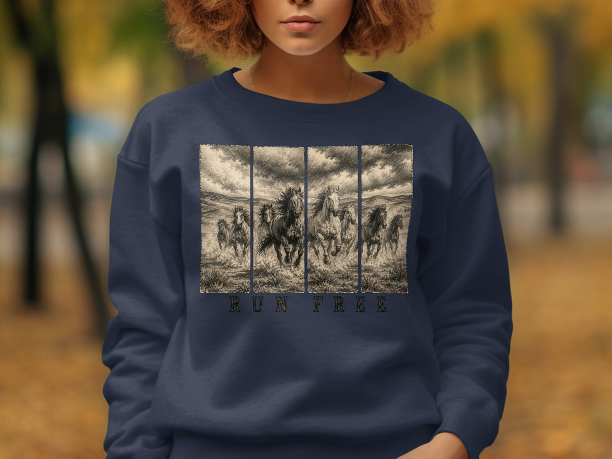 Navy sweatshirt with a sepia-toned panel depicting running horses and the text "RUN FREE".