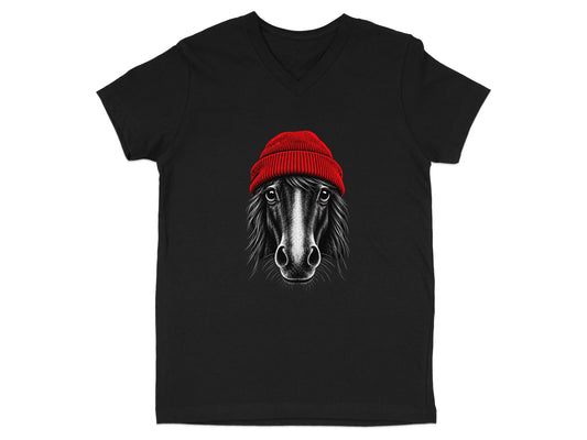A black V-neck t-shirt featuring a front graphic of a horse wearing a red beanie.