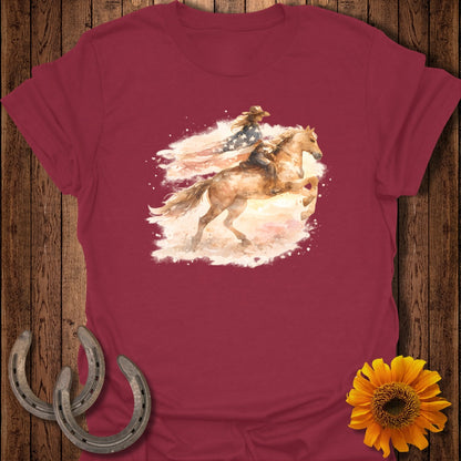 Woman on horse with American flag overlay, watercolor style.