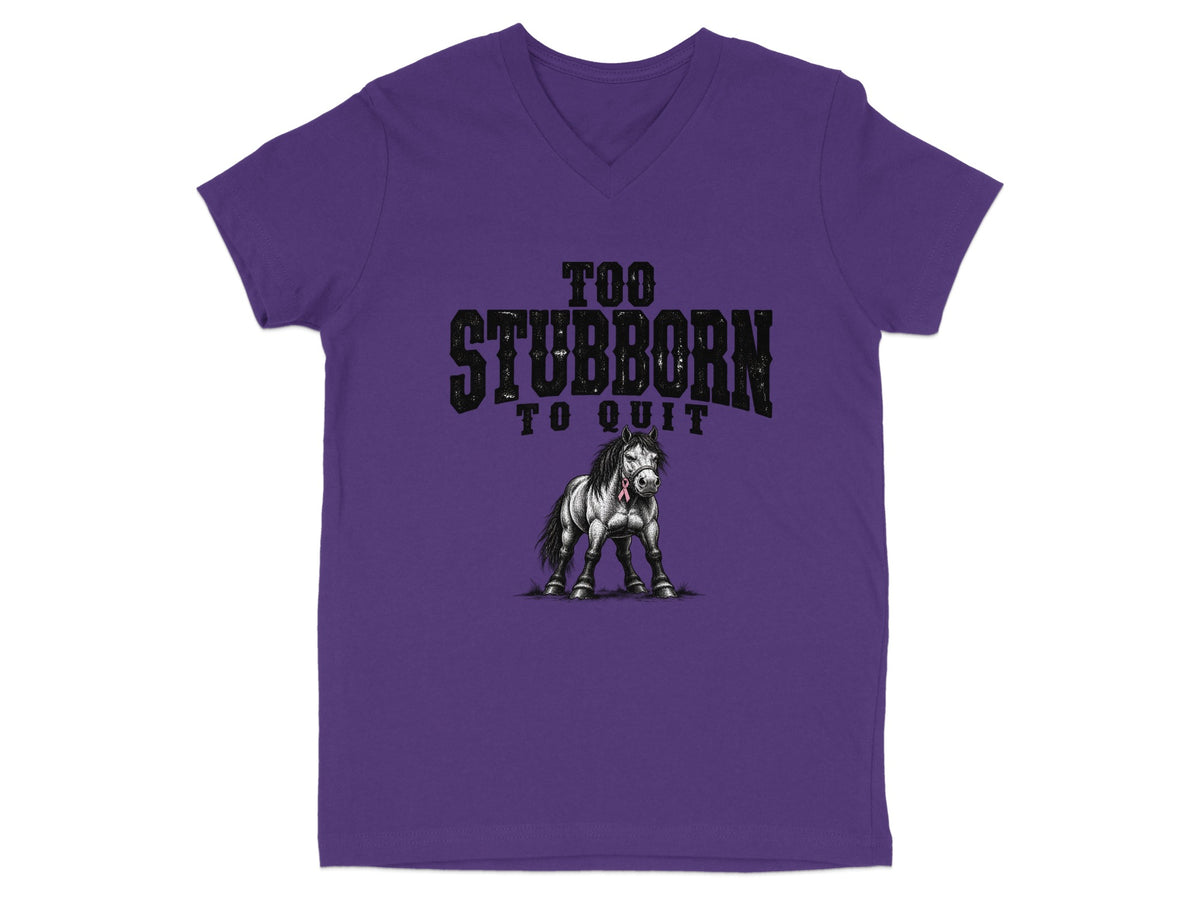 Purple v-neck t-shirt with "Too Stubborn To Quit" text and a horse graphic.