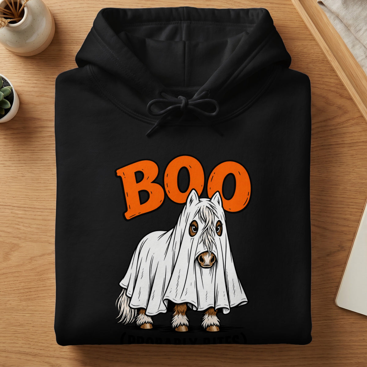 Black hoodie with an orange "BOO" graphic and a horse dressed as a ghost.