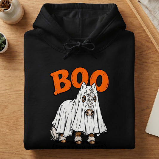 Black hoodie with an orange "BOO" graphic and a horse dressed as a ghost.