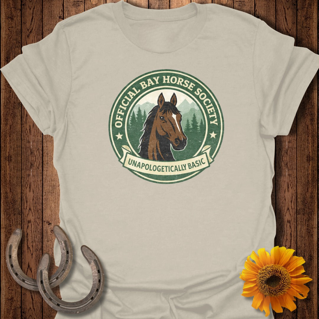 Official Bay Horse Society shirt with horse graphic and text.