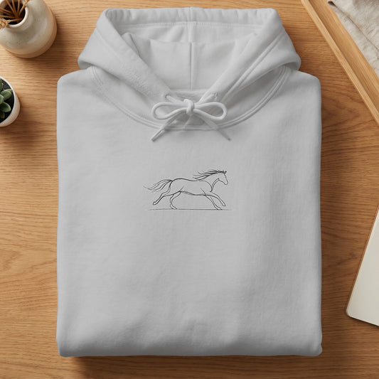 White hoodie with a black line drawing of a running horse on the chest.