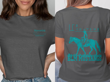 Dark grey t-shirt with turquoise Maverick and BLM MUSTANGS graphics.