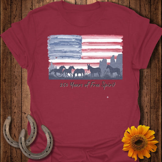 T-shirt with watercolor American flag, horses, and "250 Years of Free Spirit" text.