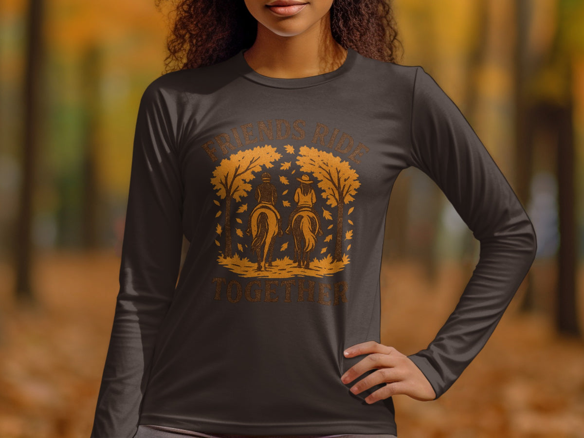 Brown long-sleeve shirt with "FRIENDS RIDE TOGETHER" and horse riders graphic.
