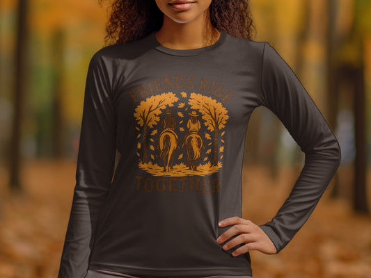 Brown long-sleeve shirt with "FRIENDS RIDE TOGETHER" and horse riders graphic.