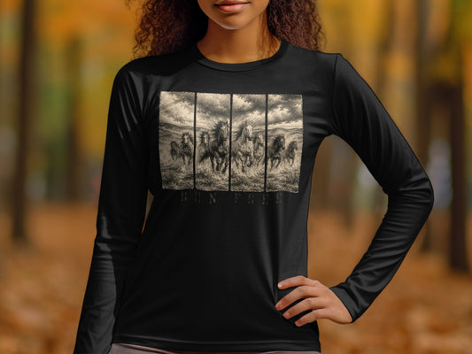 Black long-sleeve shirt with running horses graphic and "RUN FREE" text.