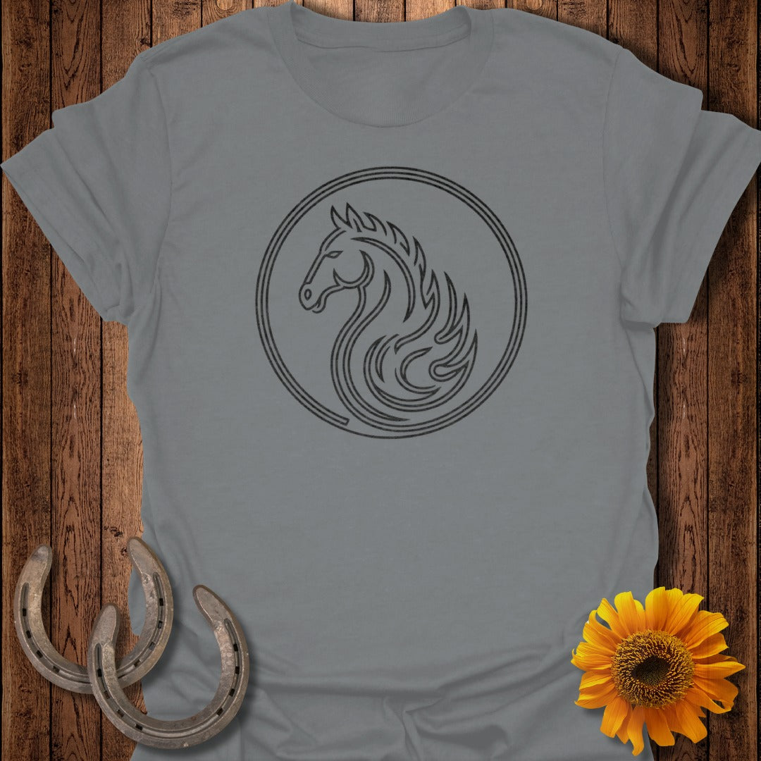 Grey t-shirt with black horse and flame design in a circle.
