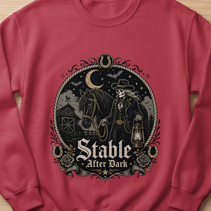 Skeleton cowboy with horse, lantern, barn, and text "Stable After Dark".