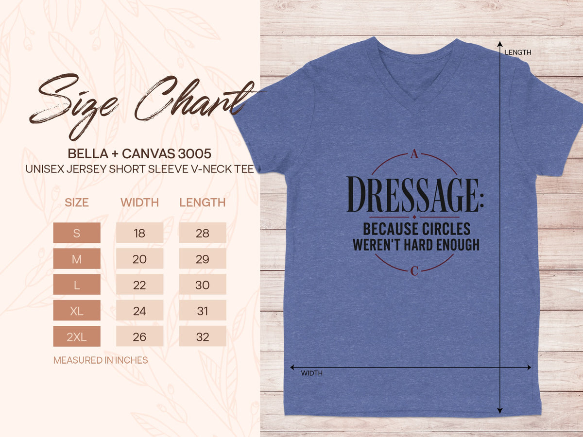 Bella + Canvas 3005 unisex v-neck size chart with width and length measurements in inches.