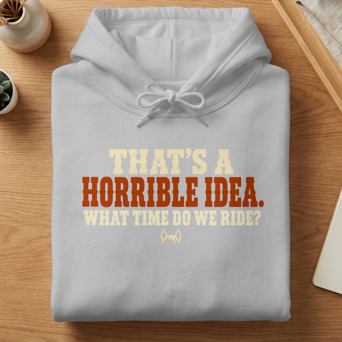 Gray hoodie with text "That's a horrible idea. What time do we ride?"